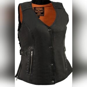 Milwaukee Leather Button Vest Black Fringed Leather Rivet Detail Side Buckle